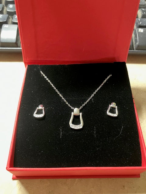 Sterling Silver Western Stirrup Pendant and Earrings - with CZs - Gift Boxed