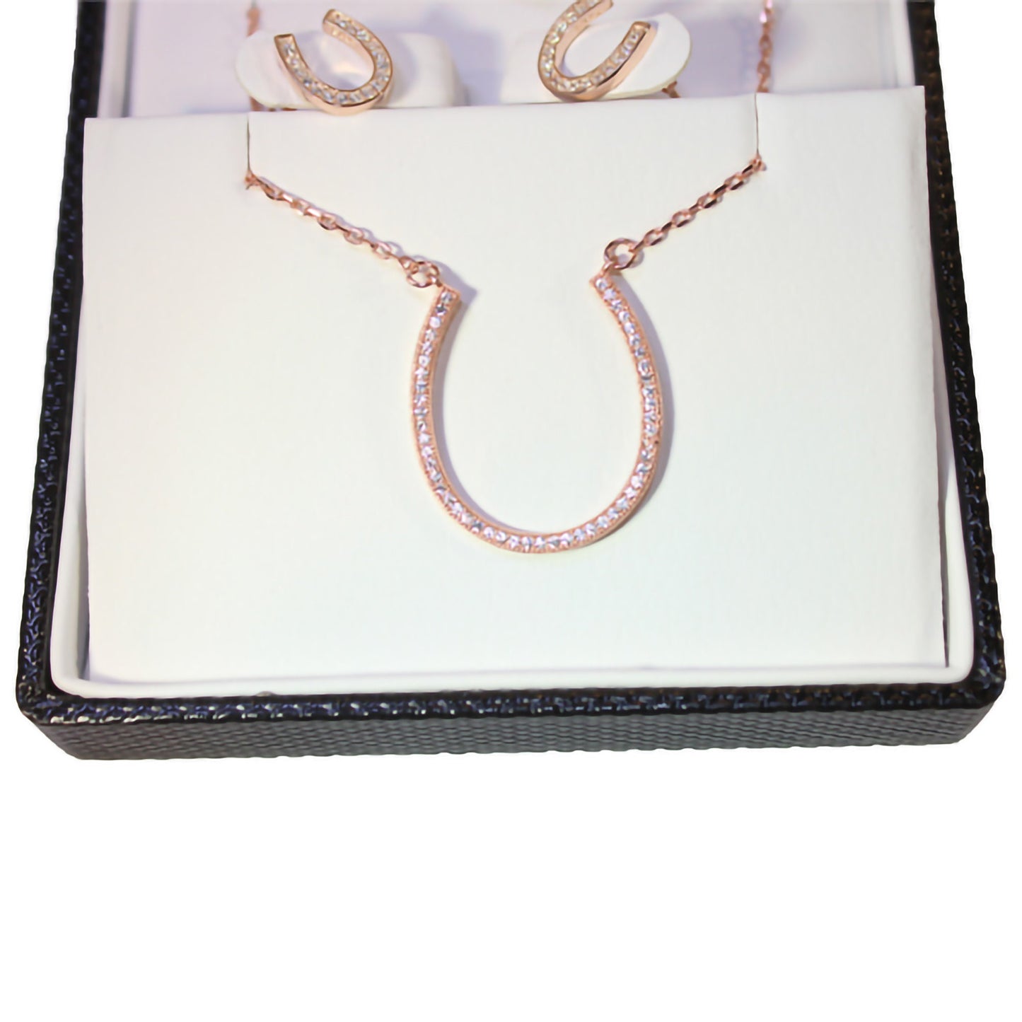 Rose Gold Plated Sterling Silver Horseshoe Necklace & Earrings Set - with CZ's - Gift Boxed