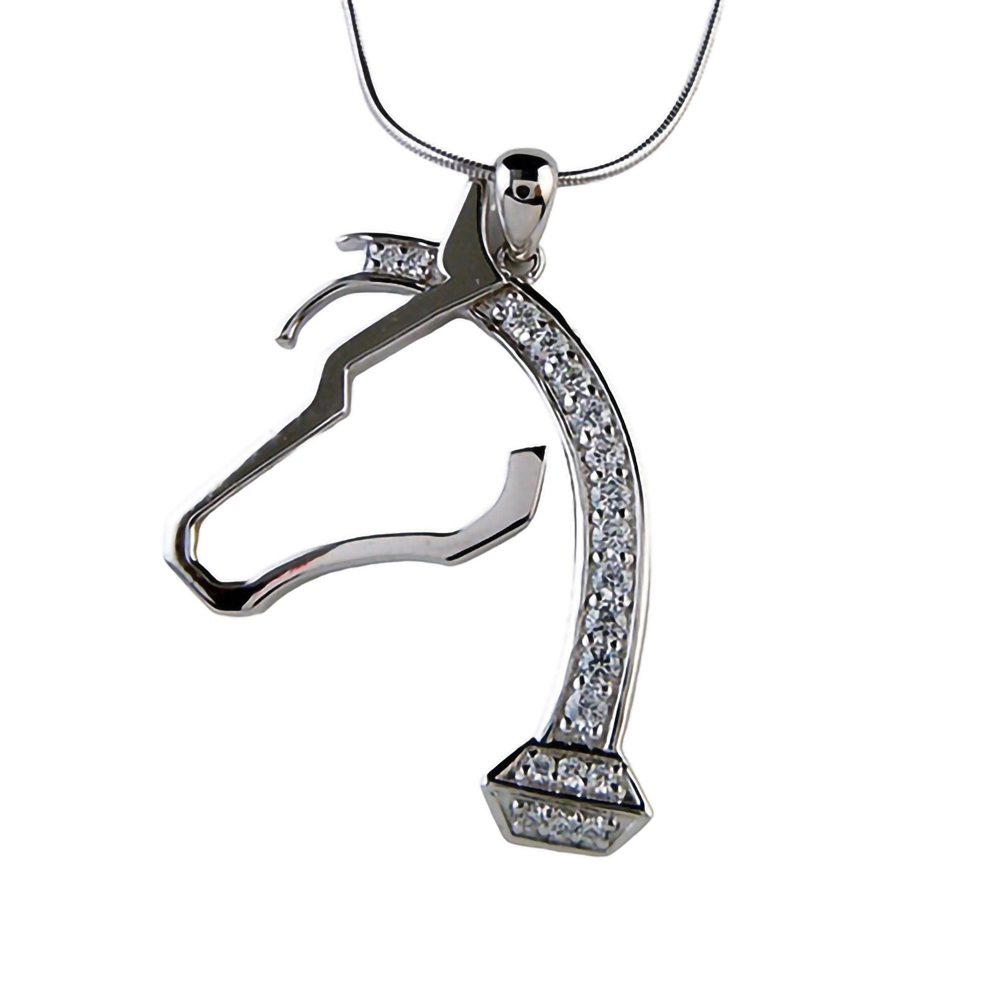 Sterling Silver Horsehead Pendant & Chain - Horseshoe Nail with Cubic Zirconia Mane - Horse Lover Gift - Mother's Day
