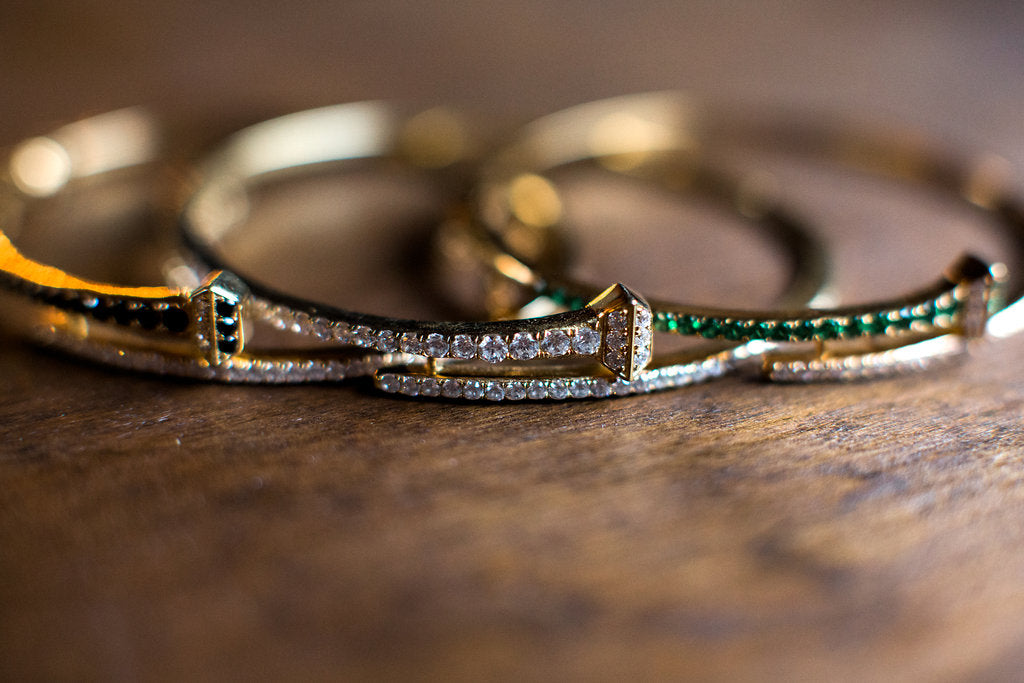 Sterling Silver Horseshoe Nail Bangle Bracelet with Crystals