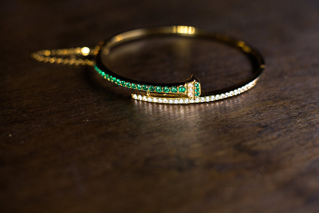 Sterling Silver Horseshoe Nail Bangle Bracelet with Crystals