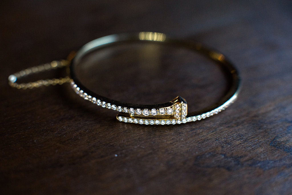 Sterling Silver Horseshoe Nail Bangle Bracelet with Crystals