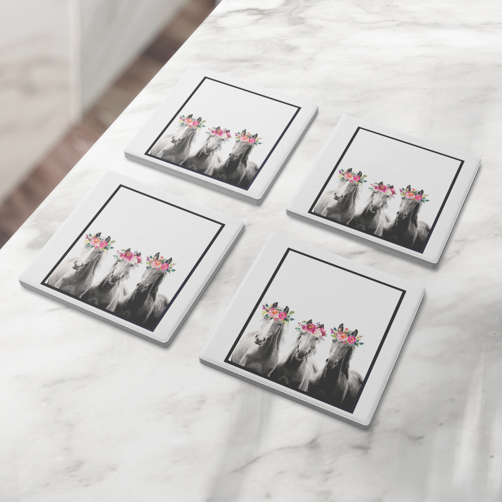 3 Mares Wearing Flower Crowns - Set of 4 Soapstone Coasters