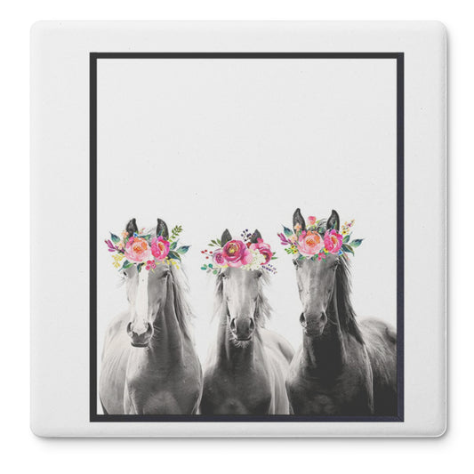 3 Mares Wearing Flower Crowns - Set of 4 Soapstone Coasters