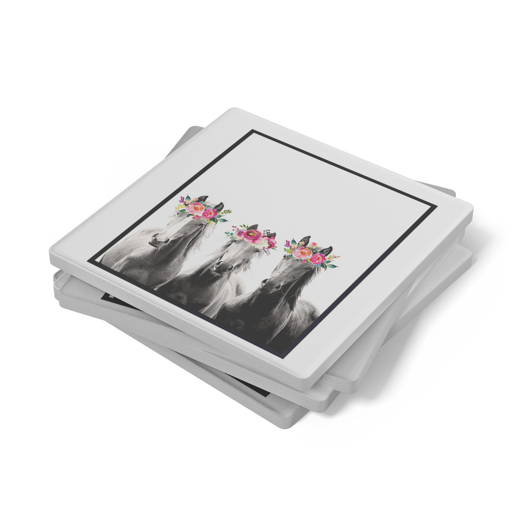 3 Mares Wearing Flower Crowns - Set of 4 Soapstone Coasters
