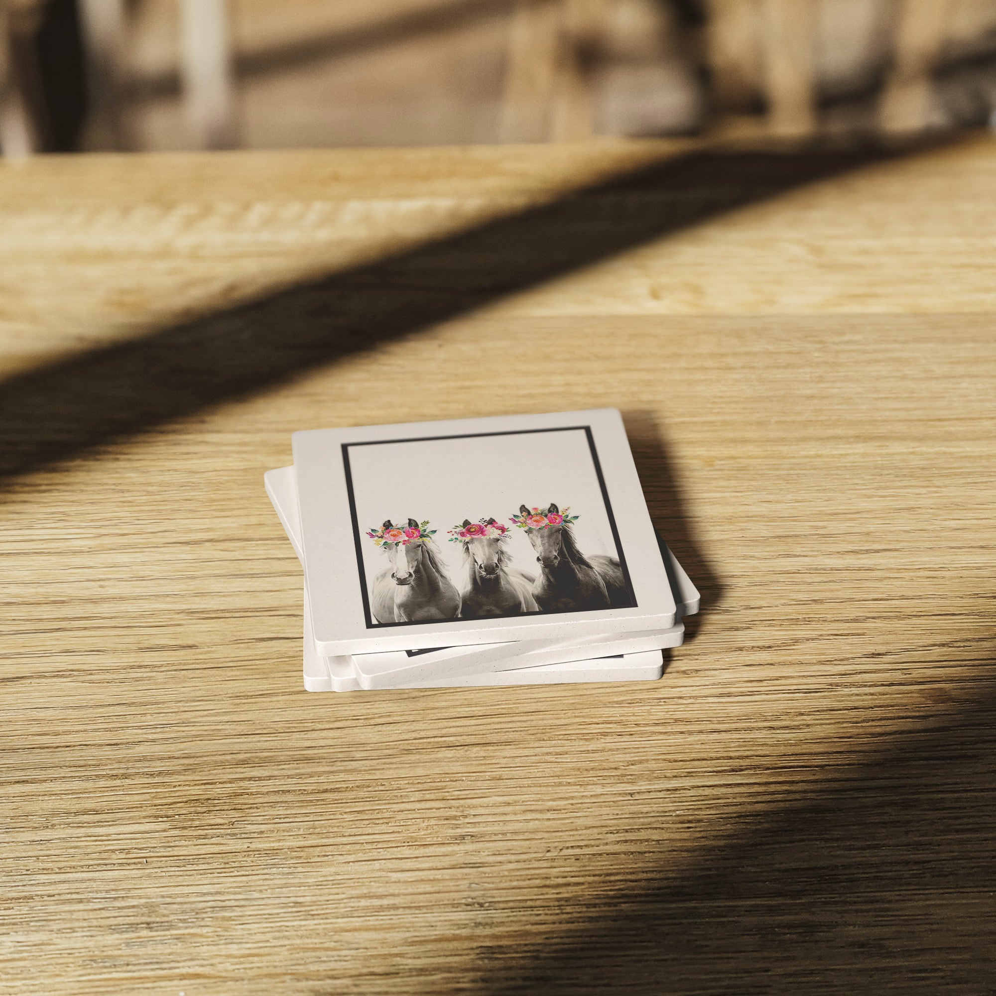 3 Mares Wearing Flower Crowns - Set of 4 Soapstone Coasters