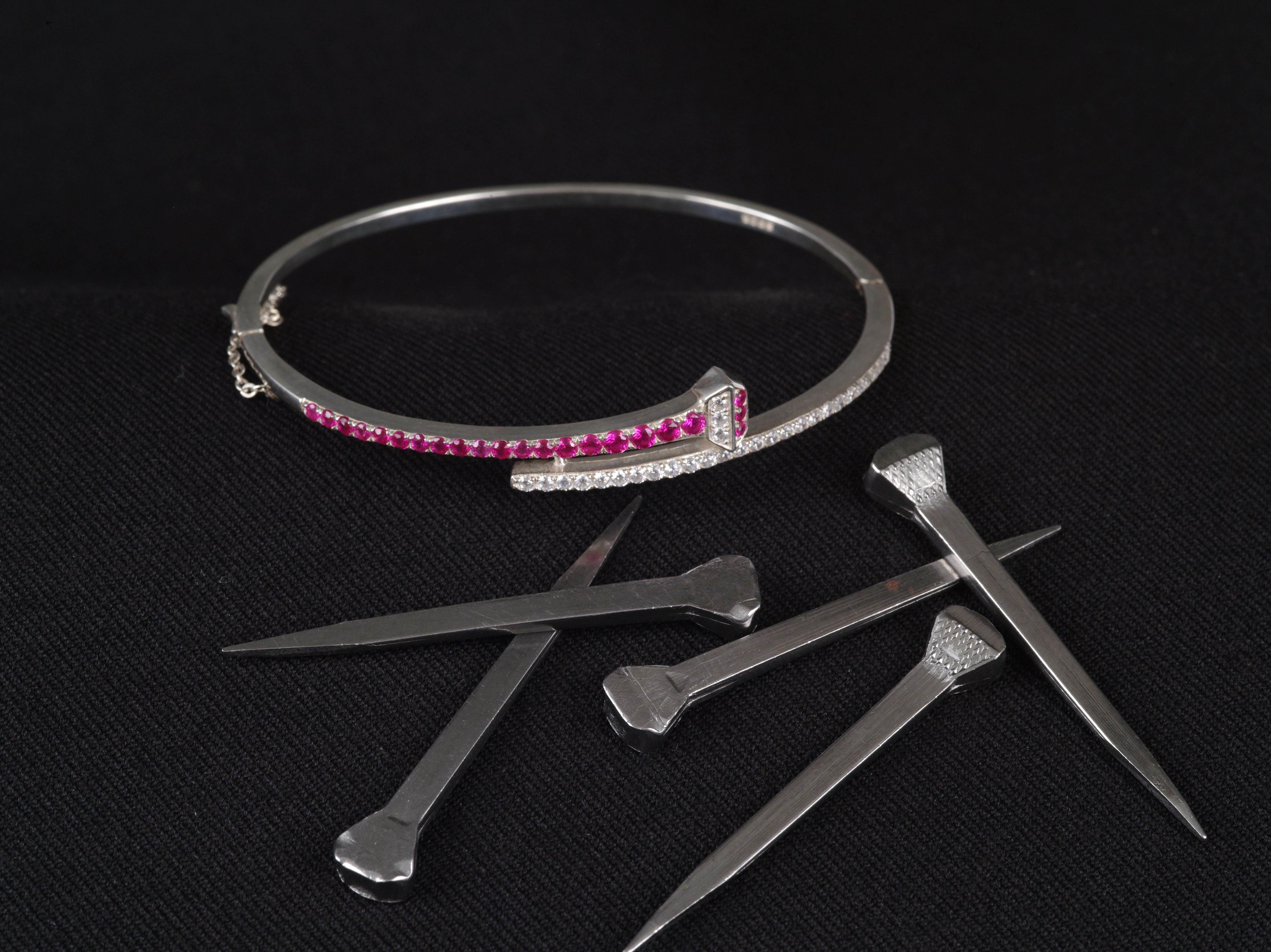Sterling Silver Horseshoe Nail Bangle Bracelet with Crystals