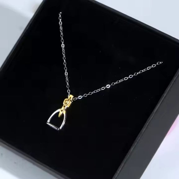 English Stirrup Pendant Necklace with Matching Earrings - Sterling Silver with Gold Plated Leather