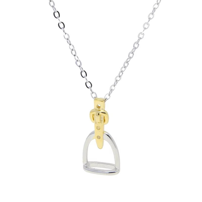 English Stirrup Pendant Necklace with Matching Earrings - Sterling Silver with Gold Plated Leather