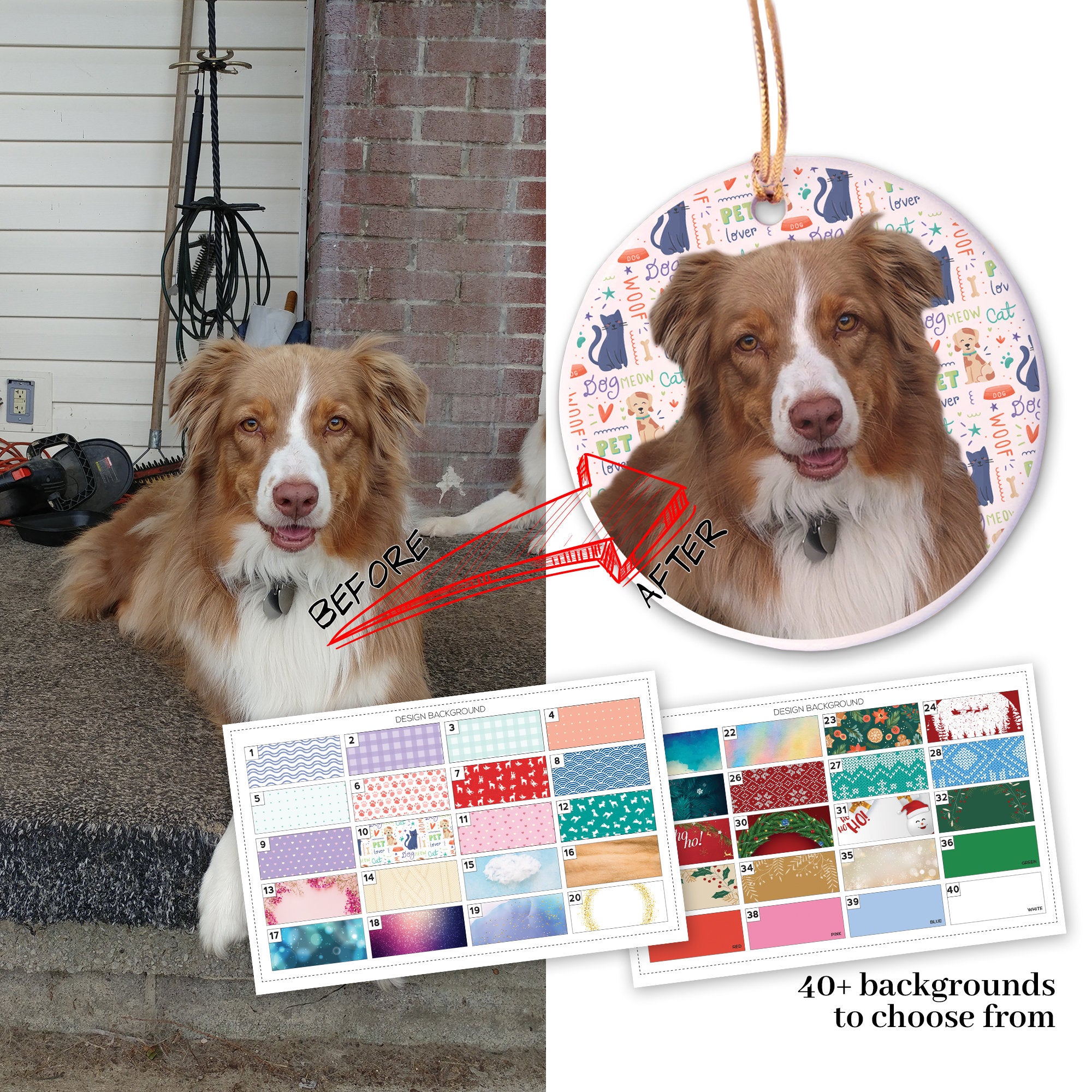 Custom Pet Portrait Ceramic Ornament -Photo & Text - Gift Boxed - Wonderful Gift for Friends, Family,  Thoughtful - Choice background