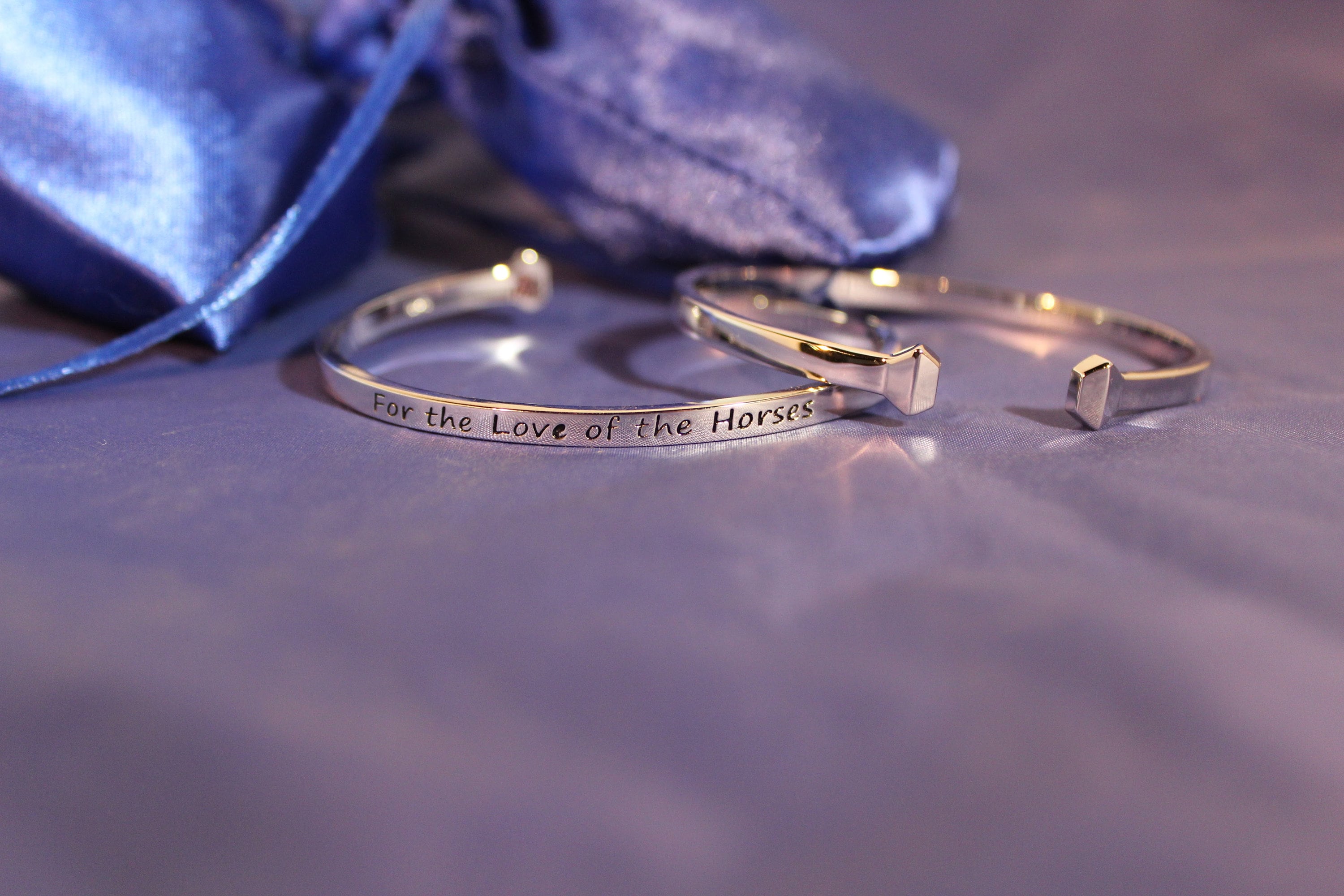 Equestrian Horseshoe Nail Bangle Bracelet ~ Sterling Silver OR Stainless Steel Engraved ~ For the Love of the Horses - Help a Rescue Horse
