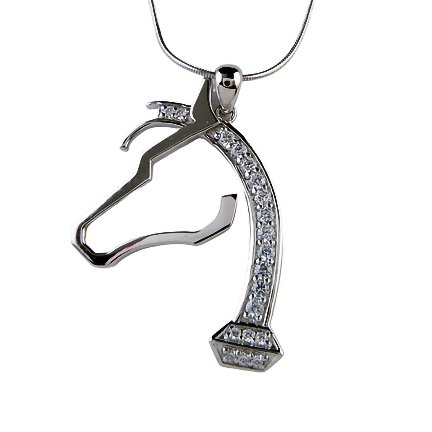 Sterling Silver Horsehead Pendant & Chain - Horseshoe Nail with Cubic Zirconia Mane - Horse Lover Gift